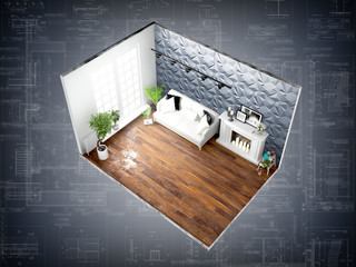 Interior without walls. 3D rendering