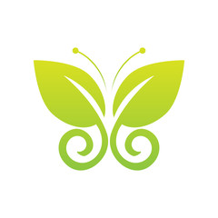 Eco icon green butterfly symbol. Vector illustration isolated on the light background. Fashion graphic design. Beauty concept. Vivid colors butterfly logo. Smooth shape. Plain flat style colors.