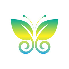 Eco icon green butterfly symbol. Vector illustration isolated on the light background. Fashion graphic design. Beauty concept. Vivid colors butterfly logo. Smooth shape. Plain flat style colors.