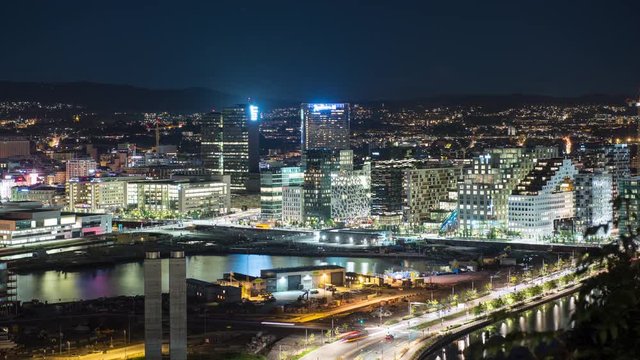 Time Lapse of Busy Downtown Oslo Skyline at Night -  Norway Europe