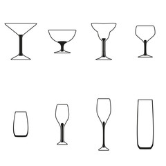 Glasses set. Vector illustration of different drinks and cocktails, isolated on white background. Sign pattern. Label for cocktail lounge. Design texture for bar or restaurant. Food and drink concept.