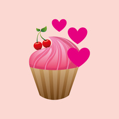heart cartoon pink cupcake sweet cherry sweet icon design vector illustration