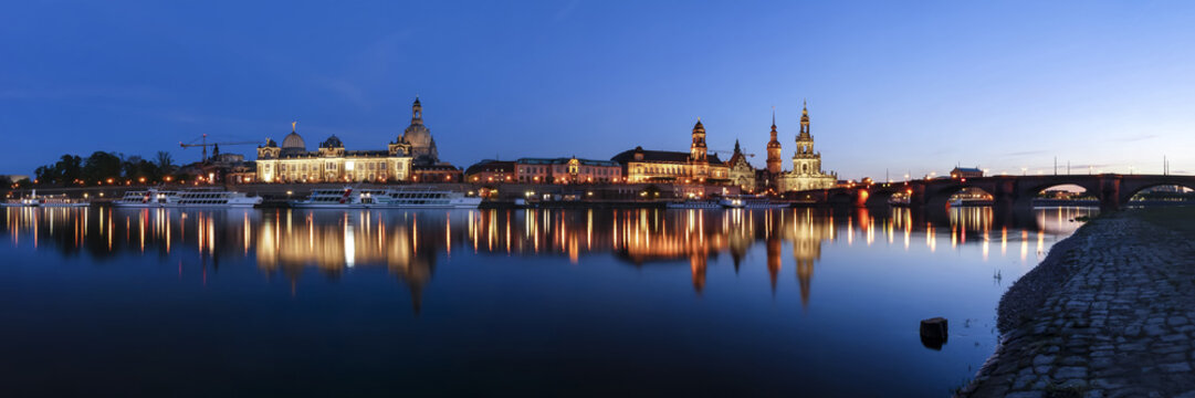 Panorama of Dresden at evening with Elbe River and historical buildings, Saxony (Sachsen), Germany, Europe