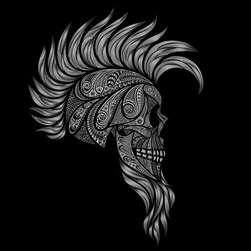 Human skull on a black background. Punk with a Mohawk and a beard of a  variety of patterns Stock Vector | Adobe Stock