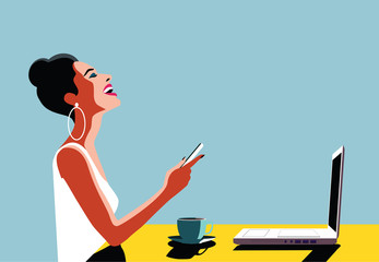 Happy Young Beautiful Woman Using Smartphone and Laptop, Indoors. Retro vintage illustration, pop art, vector illustration.