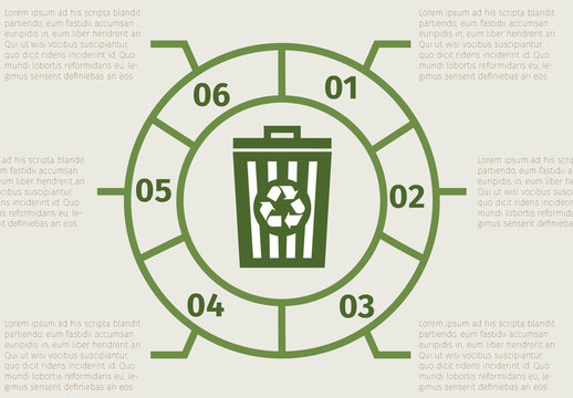 Outlined Wheel and Trash Bin Element Recycling Infographic