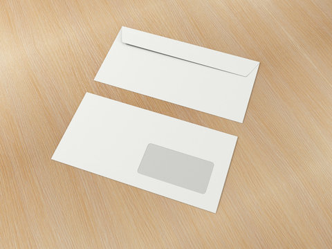 Blank envelopes on a light wooden background. Back and front. Perspective view. Mock up template for branding identity design. 3d illustration