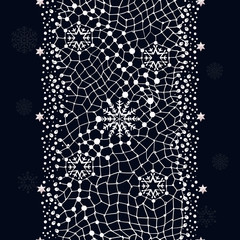 Winter seamless lace with snowflakes.The abstract lace strip for decoration. Winter theme, holidays. Design for card, Lace Doily. Can be used for packaging, invitations, and template.