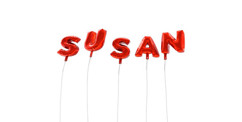 SUSAN - word made from red foil balloons - 3D rendered.  Can be used for an online banner ad or a print postcard.