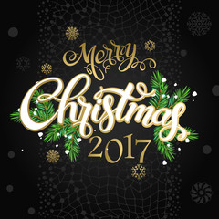 Merry Christmas and happy new year 2017. Vector lettering on black background whit snowflake and gold dots on poster. Isolate font golden decor.