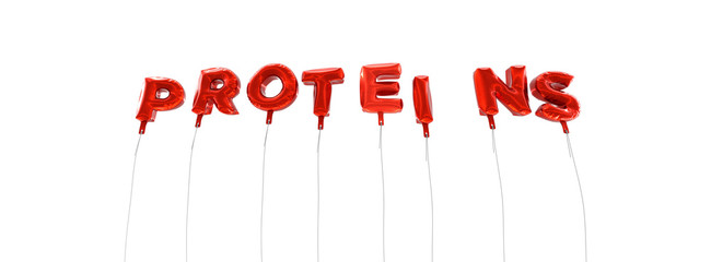 PROTEINS - word made from red foil balloons - 3D rendered.  Can be used for an online banner ad or a print postcard.