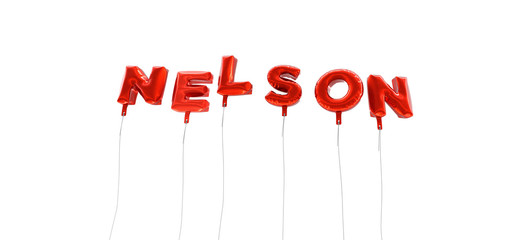NELSON - word made from red foil balloons - 3D rendered.  Can be used for an online banner ad or a print postcard.