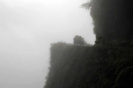 Van On Oeath Road, So Called The Worlds Most Dangerous Road In Bolivia South America