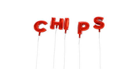 CHIPS - word made from red foil balloons - 3D rendered.  Can be used for an online banner ad or a print postcard.