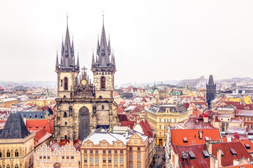Naklejka na ściany i meble Aerial view of Prague in winter