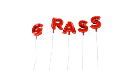 GRASS - word made from red foil balloons - 3D rendered.  Can be used for an online banner ad or a print postcard.