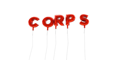 CORPS - word made from red foil balloons - 3D rendered.  Can be used for an online banner ad or a print postcard.