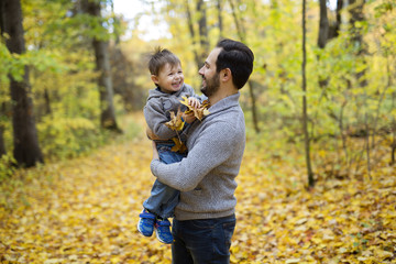 Fototapeta premium nature with dad in forest autumn