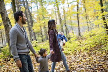 Fototapeta premium Family of four enjoying golden leaves in autumn park