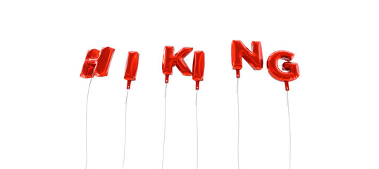 HIKING - word made from red foil balloons - 3D rendered.  Can be used for an online banner ad or a print postcard.