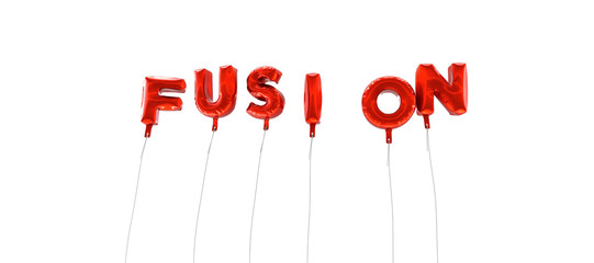 FUSION - word made from red foil balloons - 3D rendered.  Can be used for an online banner ad or a print postcard.