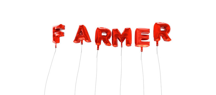 FARMER - word made from red foil balloons - 3D rendered.  Can be used for an online banner ad or a print postcard.