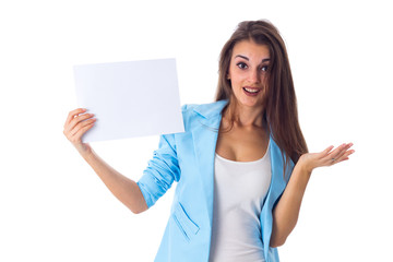 Woman holding white sheet of paper