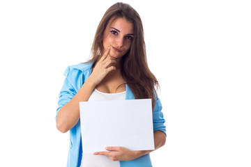 Woman holding white sheet of paper