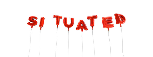 SITUATED - word made from red foil balloons - 3D rendered.  Can be used for an online banner ad or a print postcard.