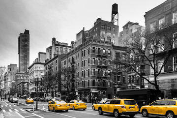 Fototapeta na wymiar Yellow cabs at Upper West Site of Manhattan, New York City