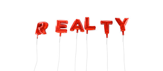 REALTY - word made from red foil balloons - 3D rendered.  Can be used for an online banner ad or a print postcard. © Chris Titze Imaging