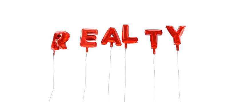 REALTY - word made from red foil balloons - 3D rendered.  Can be used for an online banner ad or a print postcard.