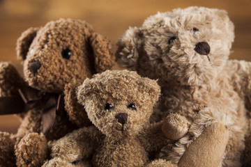 Group of cute teddy bears on vintage wooden background