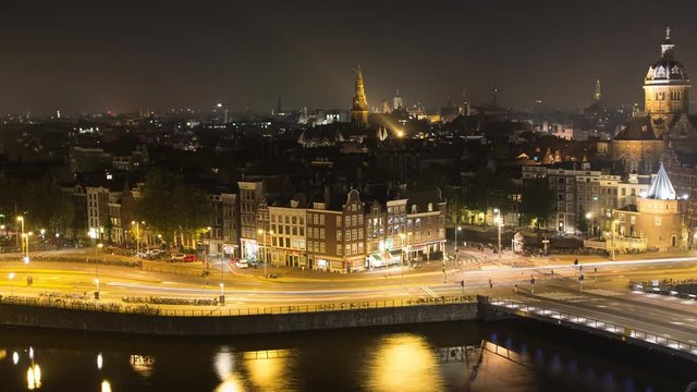 Time Lapse of Traffic in Central Amsterdam Netherlands Night