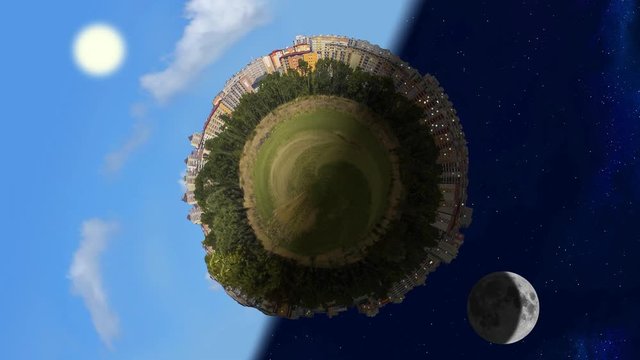 Tiny planet world panorama in day and night, seamless loop animation