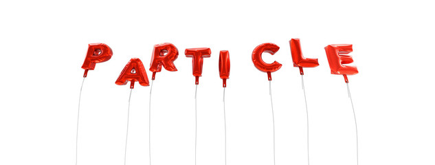 PARTICLE - word made from red foil balloons - 3D rendered.  Can be used for an online banner ad or a print postcard.