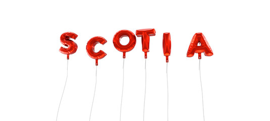 SCOTIA - word made from red foil balloons - 3D rendered.  Can be used for an online banner ad or a print postcard.