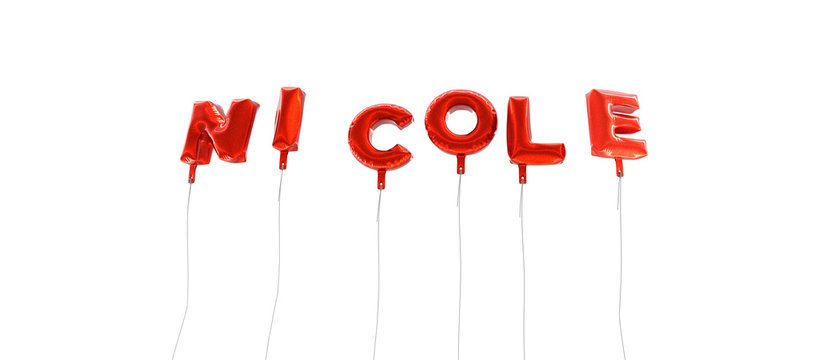 NICOLE - word made from red foil balloons - 3D rendered.  Can be used for an online banner ad or a print postcard.