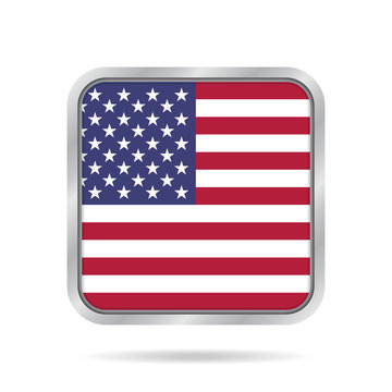 Flag of USA. Shiny metallic gray square button.