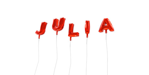 JULIA - word made from red foil balloons - 3D rendered.  Can be used for an online banner ad or a print postcard.