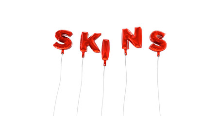 SKINS - word made from red foil balloons - 3D rendered.  Can be used for an online banner ad or a print postcard.