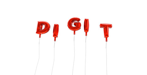 DIGIT - word made from red foil balloons - 3D rendered.  Can be used for an online banner ad or a print postcard.