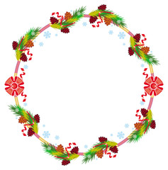 Round frame with snow-flakes and pine branch.