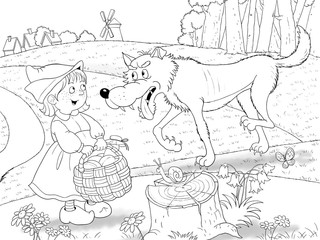 Fototapeta na wymiar Little Red Riding Hood. Fairy tale. A cute girl with a basket full of food is talking to a big wolf on the road to her grandmother's house. Illustration for children. Cartoon character