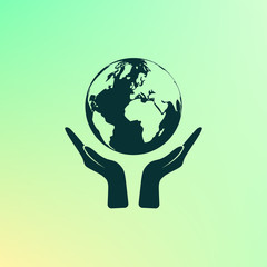 Flat paper cut style icon of two hands holding Earth