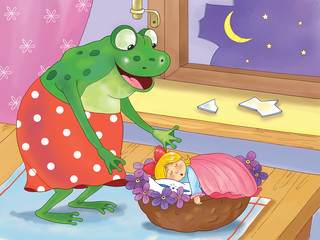 Thumbelina. Fairy tale. A cute tiny girl is sleeping in her bed made of nutshell and a huge ugly frog is looking at her. Illustration for children. Cartoon character