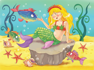 Obraz na płótnie Canvas The Little Mermaid. Fairy tale. Beautiful mermaid sits on the bottom of the sea surrounded by fish, starfish and seashells. Illustration for children. Coloring book. Cartoon character.