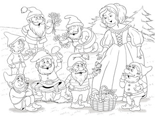 Snow white and seven dwarfs. Fairy tale. A beautiful princess surrounded by seven dwarfs. Illustration for children. Coloring book. Cartoon character