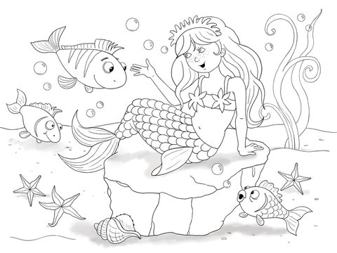 The Little Mermaid. Fairy tale. Beautiful mermaid sits on the bottom of the sea surrounded by fish, starfish and seashells. Illustration for children. Coloring book. Cartoon character.