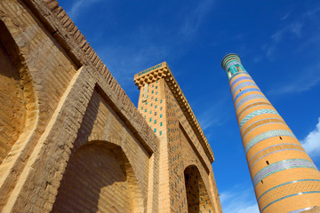 Religious symbol of Islam. Mosque minarets. Ichang-Kala. Uzbekistan.